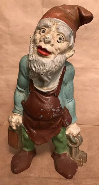 Vintage Cast Iron 10” Gnome Holding Lantern & Keys - Still Bank - Doorstop