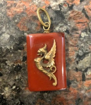 Antique French Gothic Bronze Griffin Winged Lion Red Agate Stone Pendant