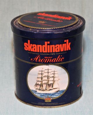Vintage Danish Pipe Tobacco Round Tin Can Advertising Skandinavik W/ Schooner