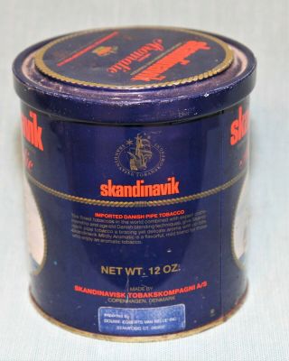 Vintage Danish Pipe Tobacco Round Tin Can Advertising Skandinavik w/ Schooner 2
