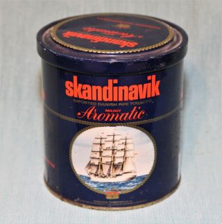 Vintage Danish Pipe Tobacco Round Tin Can Advertising Skandinavik w/ Schooner 3