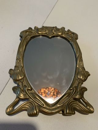 Vintage/antique Art Nouveau Table/vanity/boudoir Mirror In Ornate Brass Frame