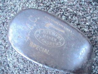 Rare Antique Tom Stewart Lined Face Wide Sole Niblick Wood Shaft Golf Club