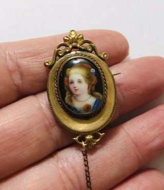 Antique Victorian Hand Painted Miniature Gold Fronted Brooch