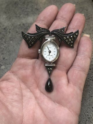 Vintage Judith Jack Marcasite Sterling Silver Watch Pin Black Onyx