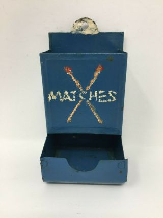 Blue Vintage Tin Kitchen Match Box Match Sticks Holder Cutout Wall - Mount