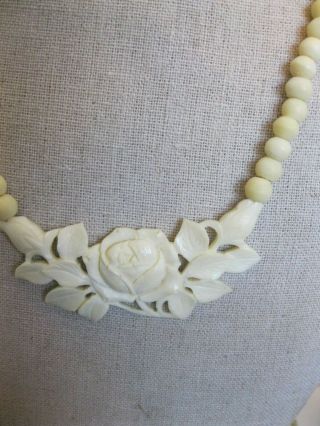 Vintage Ivory Color Bovine Bone Bead Necklace Carved Rose Old Celluloid