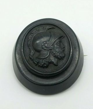 Large Antique Victorian Whitby Jet Carved Cameo Gladiator Brooch