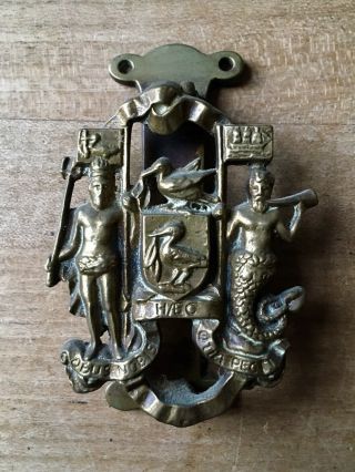Brass Door Knocker Liverpool Crest Coat Of Arms Shield Hardware Vintage Small