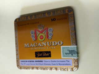 Macanudo Montego Y Cia Ascots Hinged Metal Tin Cigar Box Dominicana Stamp Empty