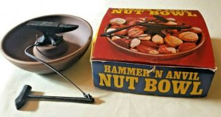 Vtg Mid Century Wood Bowl Cast Iron Hammer Anvil Nut Cracker Christmas