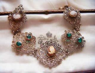 Antique Vintage Jewellery Lovely Real Cameo Aquamarine Paste Filigree Bracelet