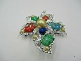 Vintage 1960 ' s SARAH COVENTRY Glass Speckled Cabochons Silver Leaf Brooch 3