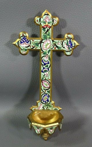 19c.  Antique French Ormolu Brass Cloisonné Enamel Wall Cross Holy Water Font 7