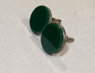Vintage Old Mexico Signed Fbf Sterling Silver & Jade Large 1 " Cufflinks Pair