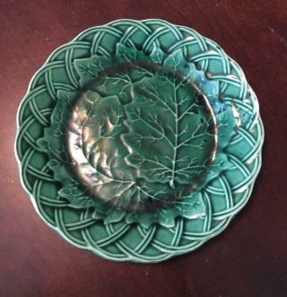 Antique Green Oak Leaf Majolica Plate Basket Pattern Circa 1880s