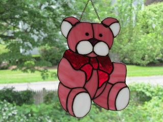 Vintage Large Leaded Stained Glass Sun Catcher Pink Teddy Bear Real Glass