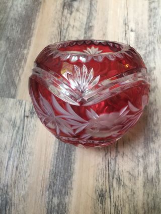 Schonborner Bleikristall Vintage Ruby Red Cut Glass 4.  5” Short Round Vase