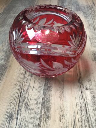 Schonborner Bleikristall VINTAGE Ruby Red Cut Glass 4.  5” Short Round Vase 2