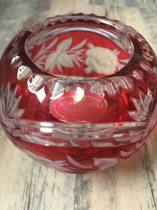 Schonborner Bleikristall VINTAGE Ruby Red Cut Glass 4.  5” Short Round Vase 3