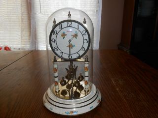 Vintage Quartz Kundo Anniversary Glass Dome Clock Made In Germany Floral Tole R