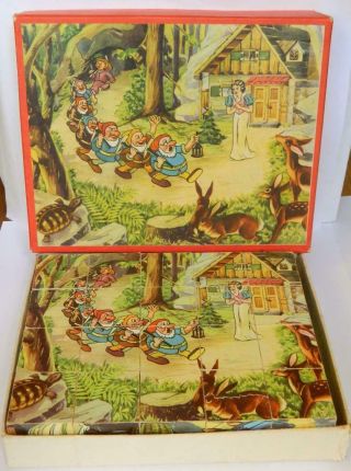 Walt Disney Snow White Boxed Vintage 1960s Wooden 20 Block Puzzle Czechoslovakia