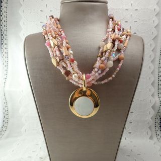 Vtg Joan Rivers 9 Strand Pink Glass Wood Bead Necklace W Mop Gold Disk Pendant