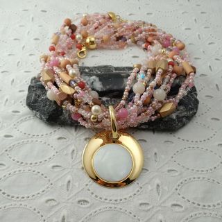 VTG Joan Rivers 9 Strand Pink Glass Wood Bead Necklace w MOP Gold Disk Pendant 2