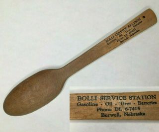 Burwell Nebraska Souvenir Wooden Spoon Bolli Service Station Vintage