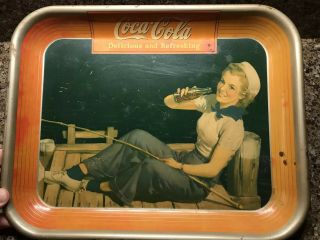 Vintage 1940 Originial Coca Cola Tray Girl Fishing On Dock