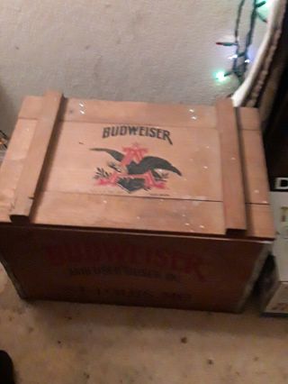 Vintage Anheuser Busch Budweiser Beer Wood Wooden Box Crate Case W/ Hinged Lid