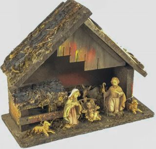 Vintage Christmas Nativity Scene Wooden Stable Manger Made In Italy Baby Jesus