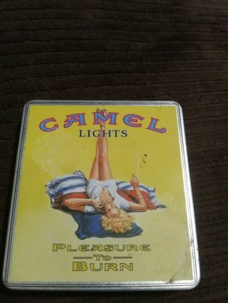 Vintage Camel Lights Tin " Pleasure To Burn " Sexy Pin - Up Girl