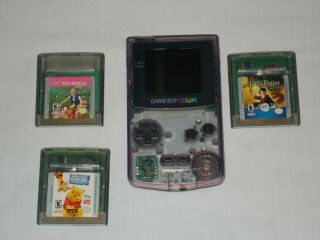 Vintage Game Boy Color Clear Atomic Purple Cgb - 001 With 3 Games &