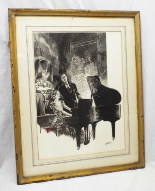 Rare Old Antique Art Deco Lady & Man Piano Woodblock Print Signed Huffman
