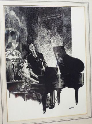 RARE Old Antique ART DECO Lady & Man Piano WOODBLOCK PRINT Signed HUFFMAN 2
