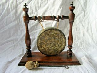 Antique Oak And Brass Table Top Dinner Gong & Striker Great Loud Gong