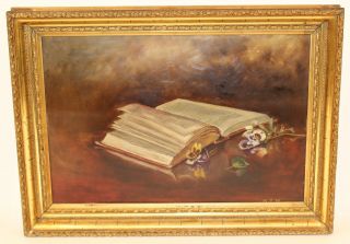 Antique Oil Painting Still Life With Bible & Flowers Signed
