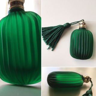 Antique Green Frosted Art Glass Vanity Small Perfume Crystal Bottle With Fringe