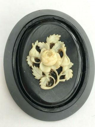 Victorian Antique WHITBY JET Oval Mourning Brooch/Pin Carved Flower Relief 3