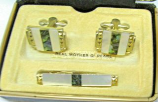 Vintage Stratton Real Mother - Of - Pearl Cuff - Links And Tie Clip