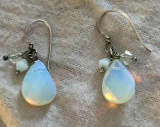 Vintage Estate Sterling Silver Opal Tear Drop Hook Dangle Earrings