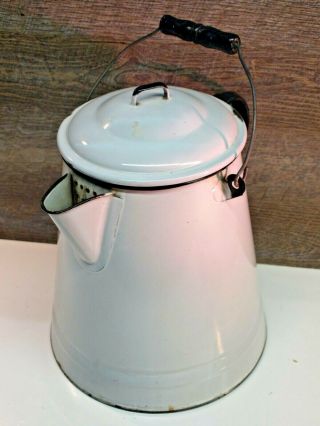 Vintage Large White 2 Gallon Enamelware Coffee Pot Kettle