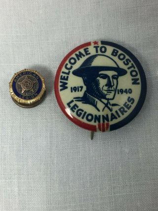 2 Vintage American Legion Pins 1940 " Welcome To Boston " & Membership Pin -