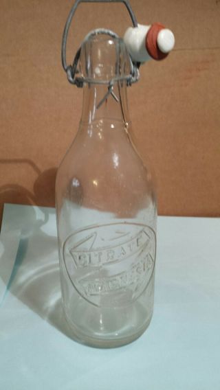 Vintage Glass Citrate Of Magnesia Embossed Bottle With Bail & Porcelain Stopper