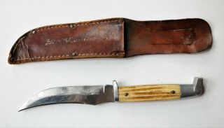 Q Steel Vintage Stag Handle Queen Cutlery Fixed Blade Hunting Knife W/sheath