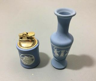 Vintage English Wedgwood Table Lighter Blue & White And Little Matching Vase