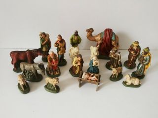 Vintage Hand Painted 17 Piece Nativity Scene Set Chalkware Made In Germany