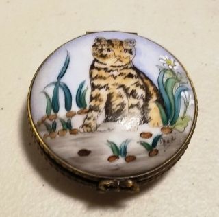 Vintage Peint Main Limoges France Painted Tiger Cat Trinket Box 1 1/2 " Minature