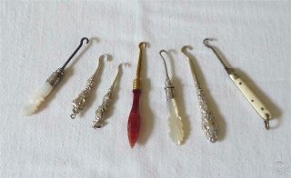 Seven Antique Late 19th Century Small Button Hooks Silver Agate Mother Of Pearl
